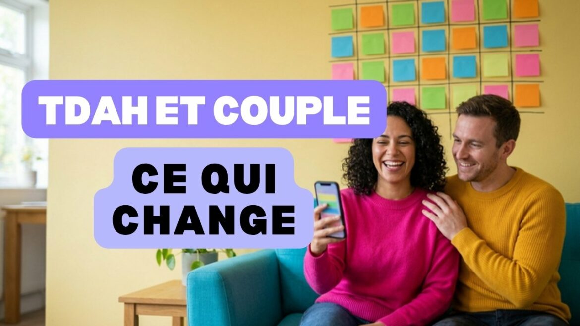 TDAH et couple : deux adultes rient ensemble sur un canapé devant leur planning mural